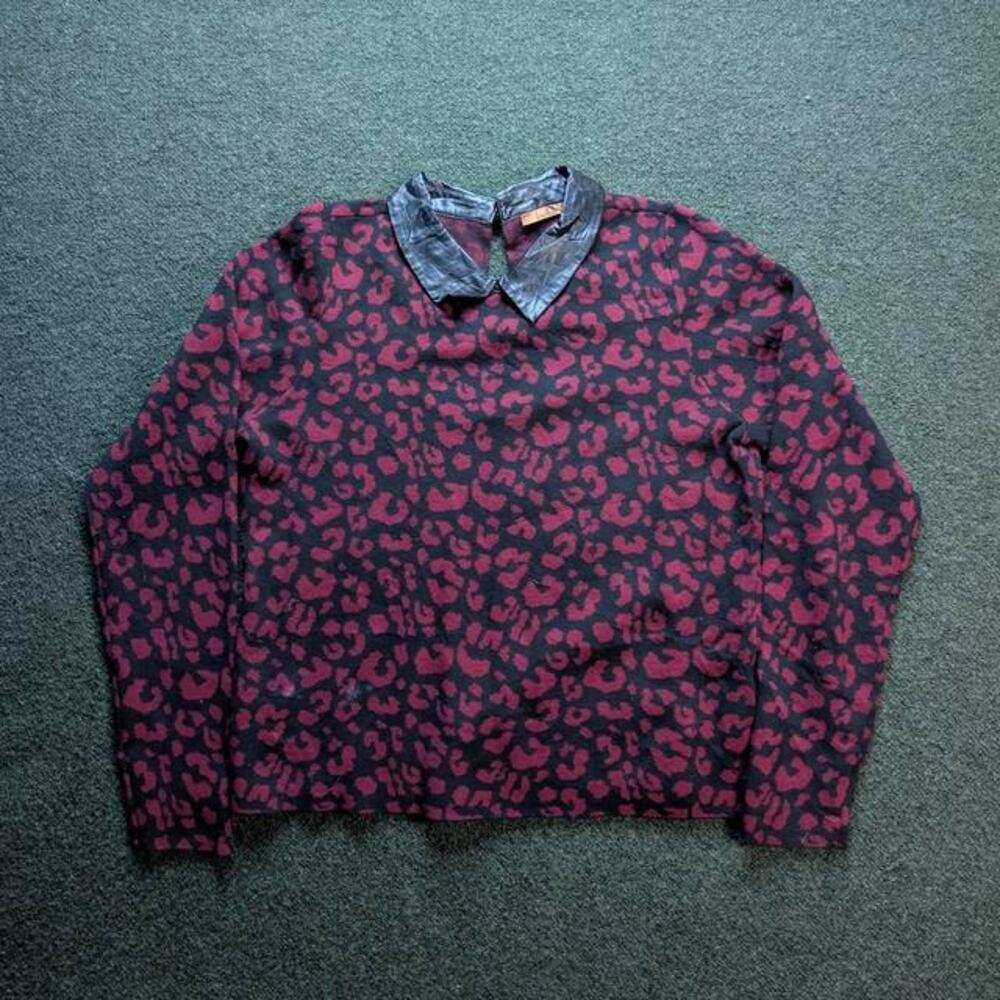 BELLDINI Faux Leather Collar Leopard Print Sweater Red Black M/L